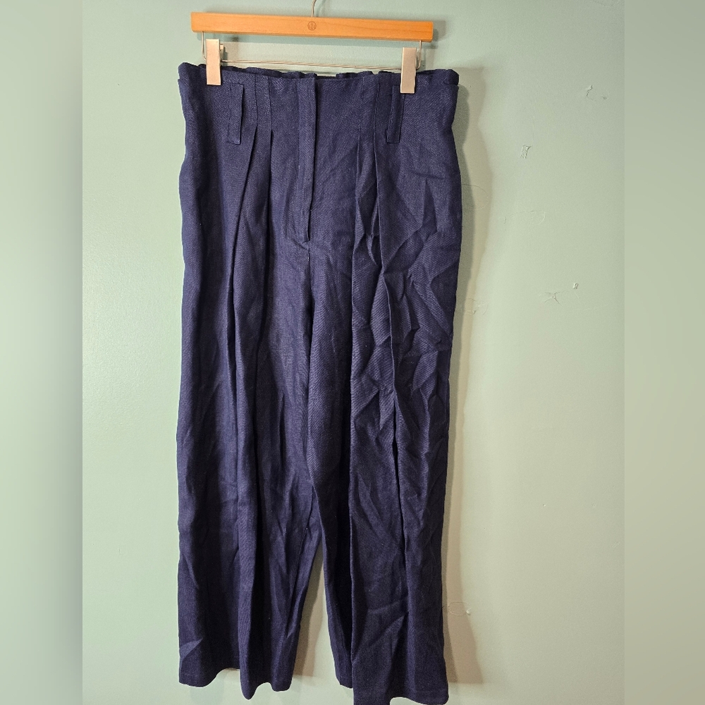 Mizono Navy Wide Leg Baggy Lagenlook 100% Linen Trousers Size L